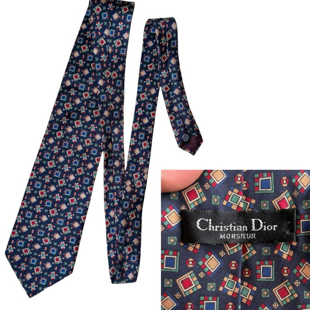 Vintage Christian Dior Monsieur Men’s Navy Blue Silk Print Neck Tie